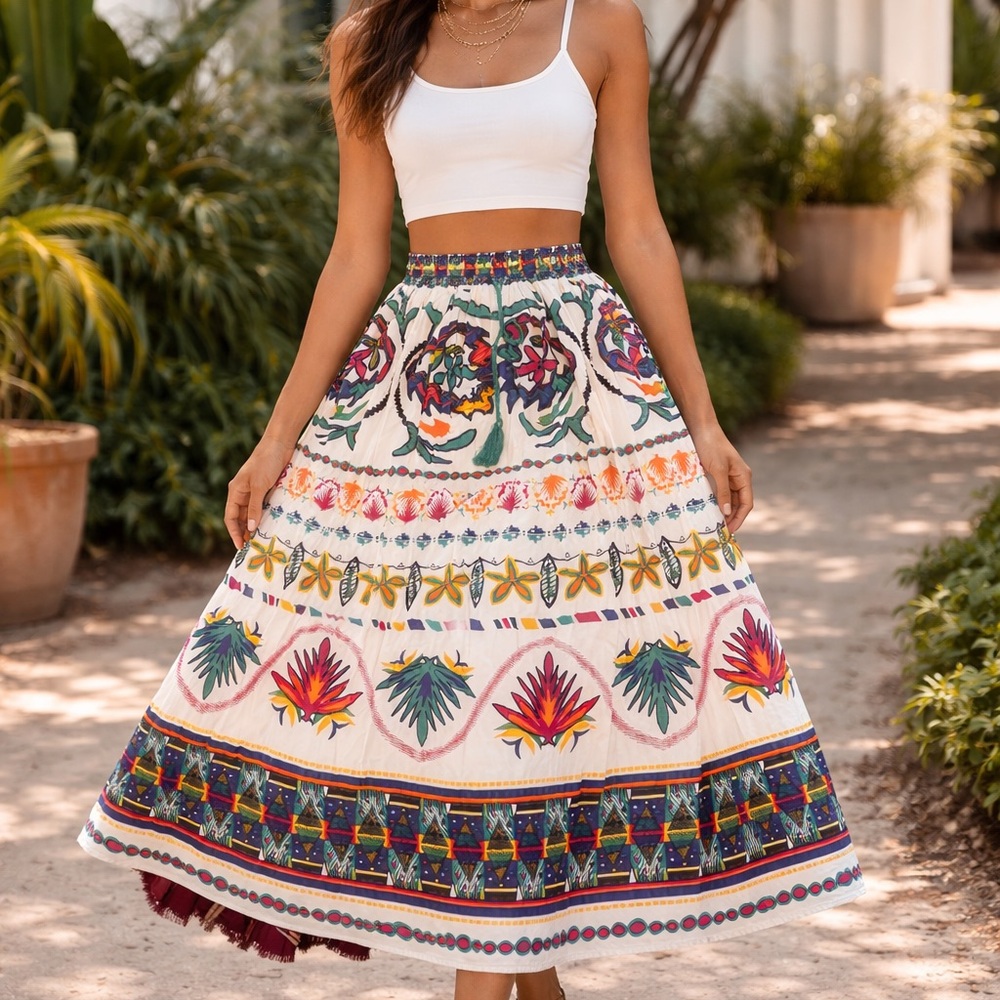 K Jordan White Maxi Skirt with Multicolor Floral bright colors.